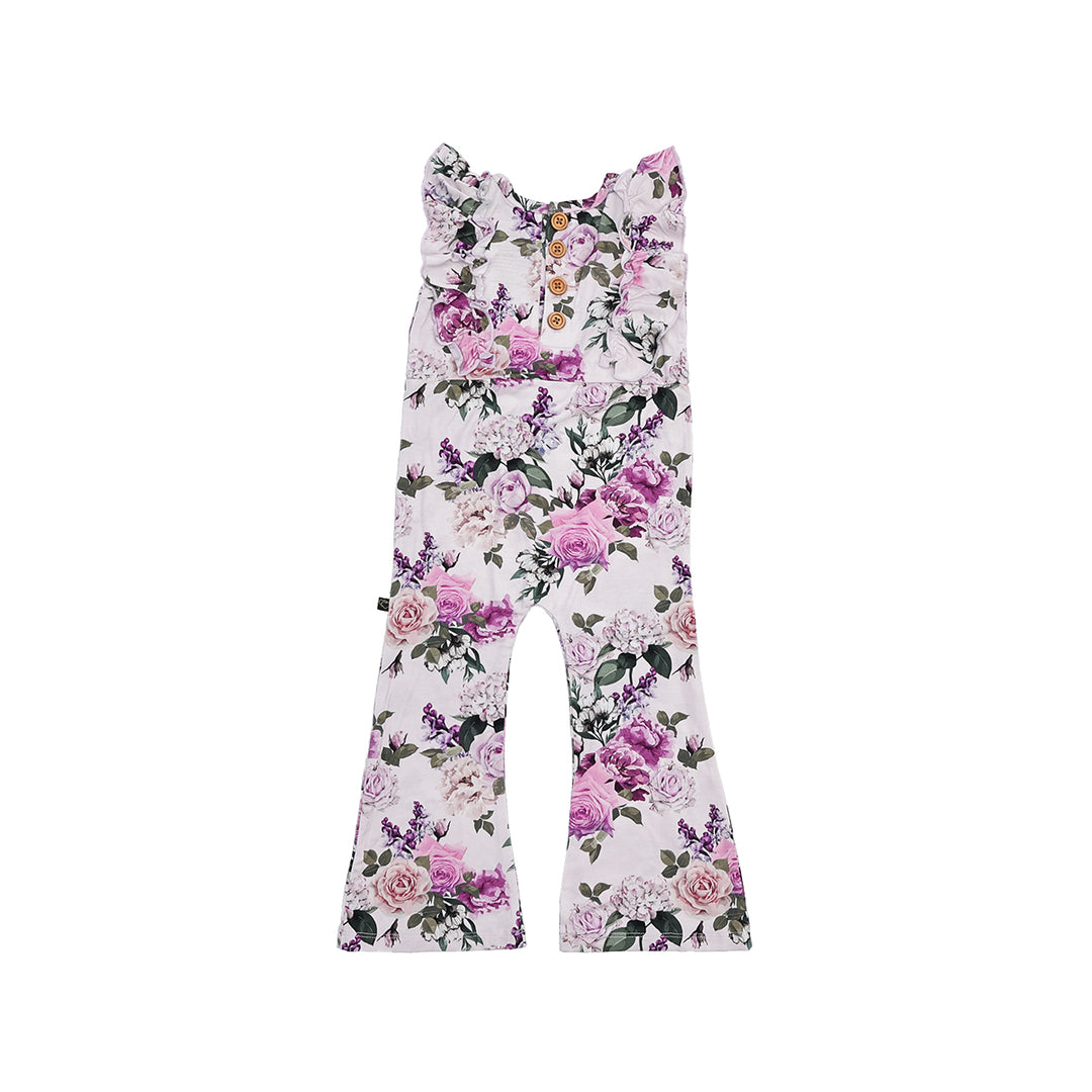 Francesca's Floral Sleeveless Ruffle Bell Bottom Romper